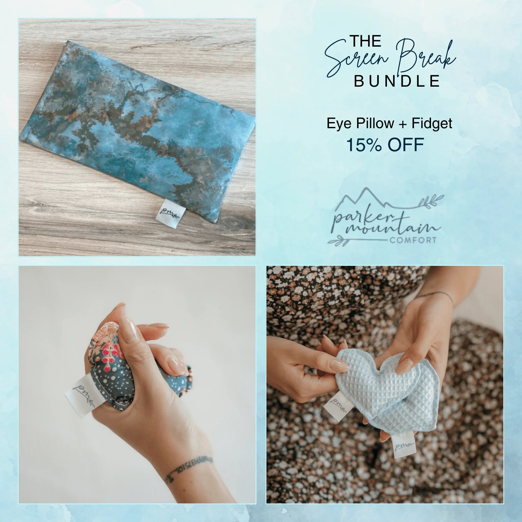 Screen Break Bundle with blue eye pillow and fabric fidgets for relaxation and stress relief