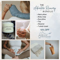 Adventure Recovery Bundle featuring neck pillow, body wrap, eye pillow, lavender shower steamer, tea, and Turkish towel.