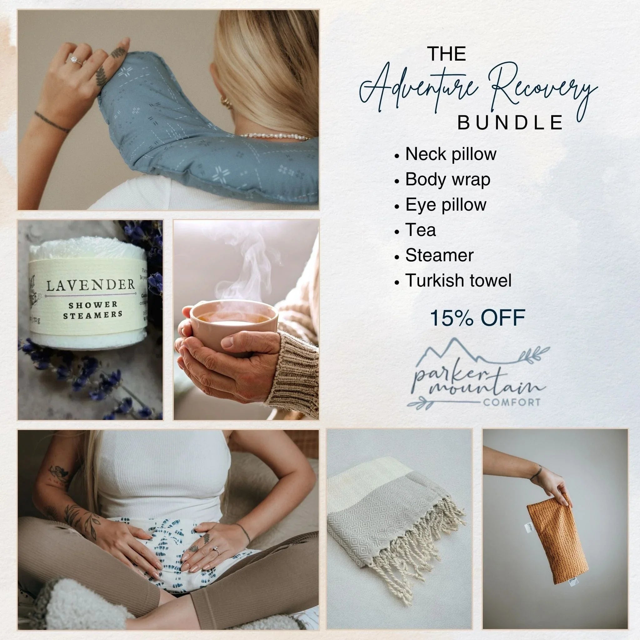 Adventure Recovery Bundle featuring neck pillow, body wrap, eye pillow, lavender shower steamer, tea, and Turkish towel.