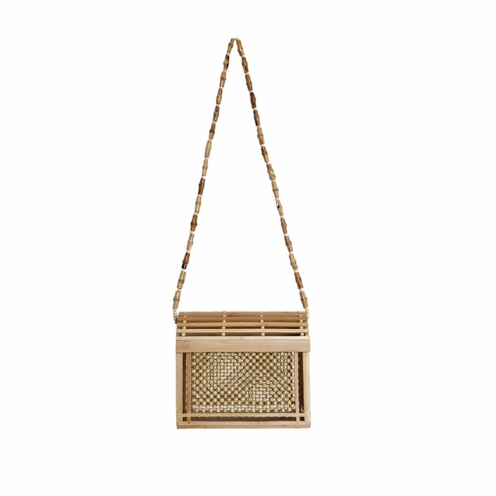 Square Bamboo Handbag – Handwoven Straw Beach Bag with Lid