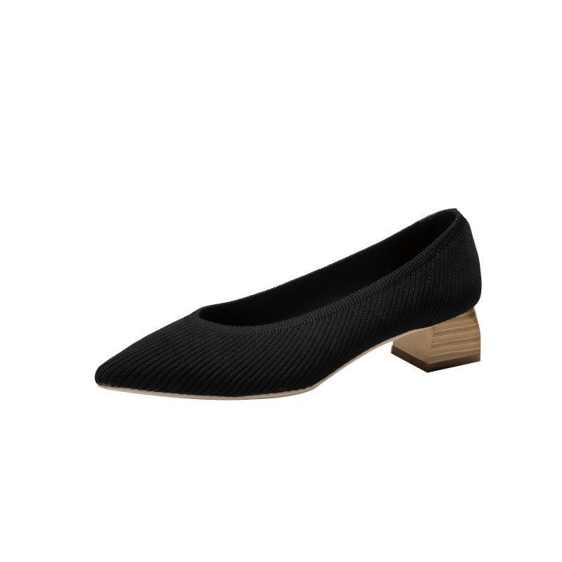 Wood Grain Thick Heel Pointed Breathable Casual Pumps - Image 8