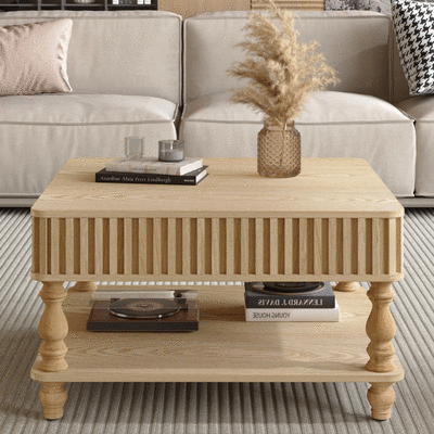 31.5 Inch Square Fluted Lift-Top Coffee Table With Hidden & Open Storage, Hydraulic Raising Mechanism, Retro Solid Wood Legs For Living Room, Sofa Natural Wood