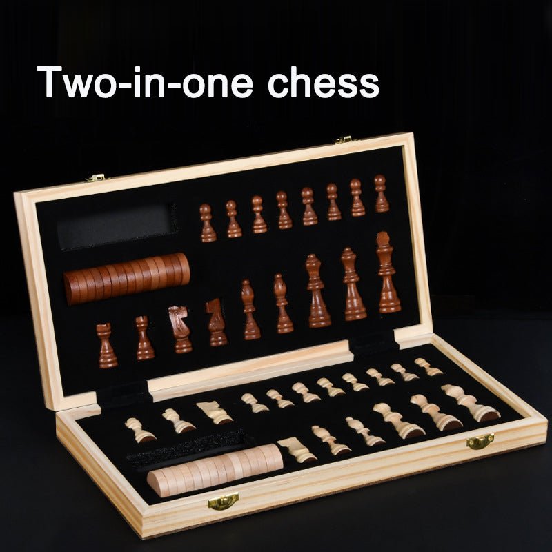 Two-in-One Wooden Chess and Checkers Set with Folding Case