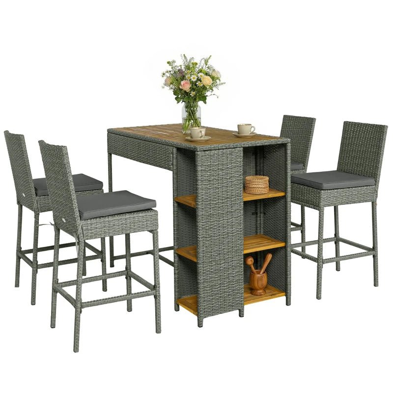 5 Piece Wicker Outdoor Bar Set, Acacia Wood Outdoor High Top Table And Chairs With 3 Tier Shelves, Cushions, Gray