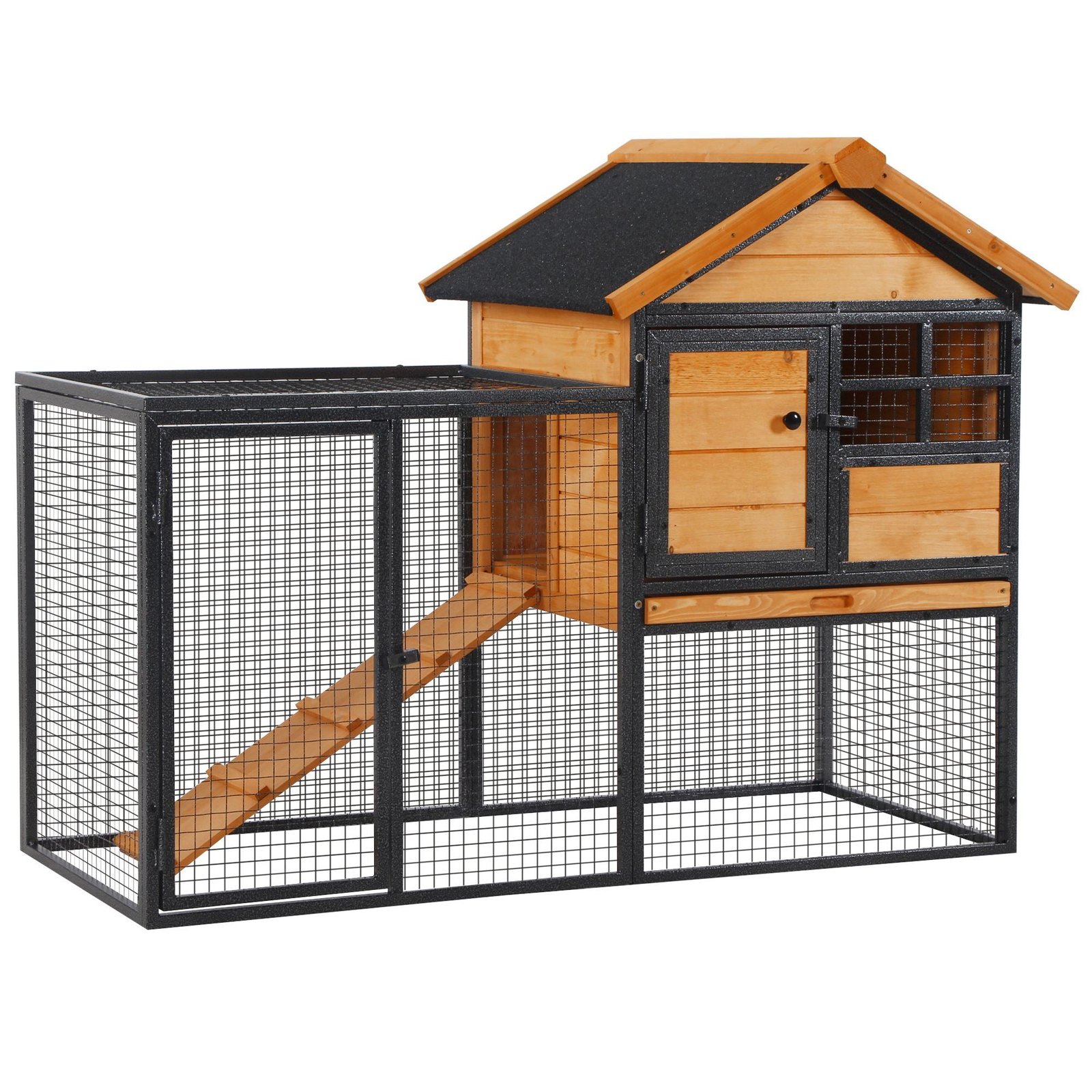 Outdoor Rabbit Cage Elevated Pet House w/ Slide-Out Tray, Natural Wood & Black - Image 9