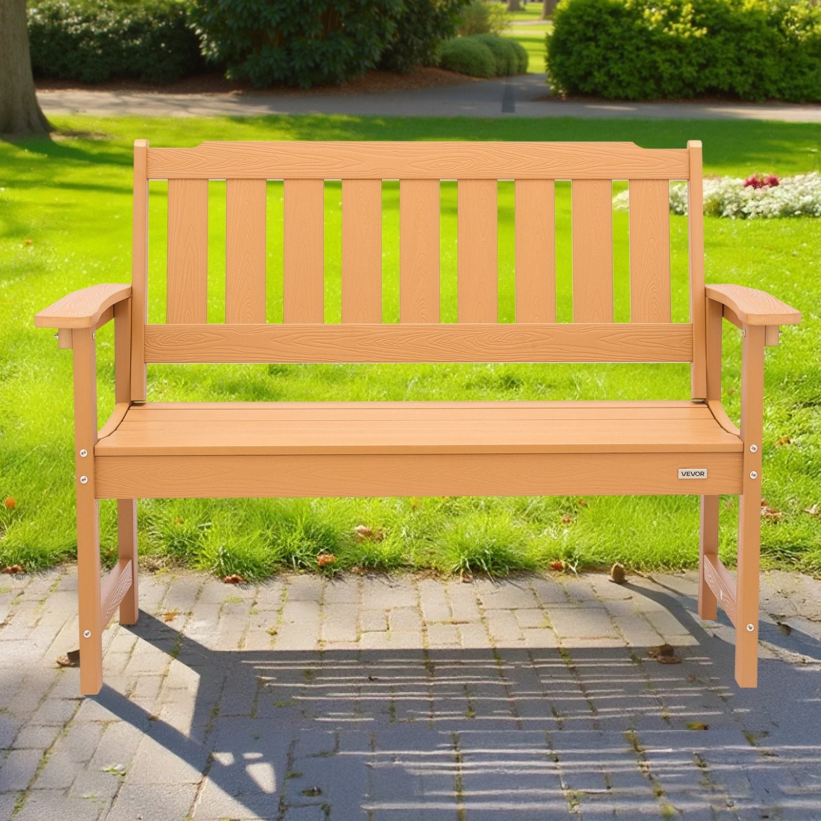 Outdoor Bench Patio Bench 50.5 In Weatherproof Plastic Natural Wood Color - Image 6
