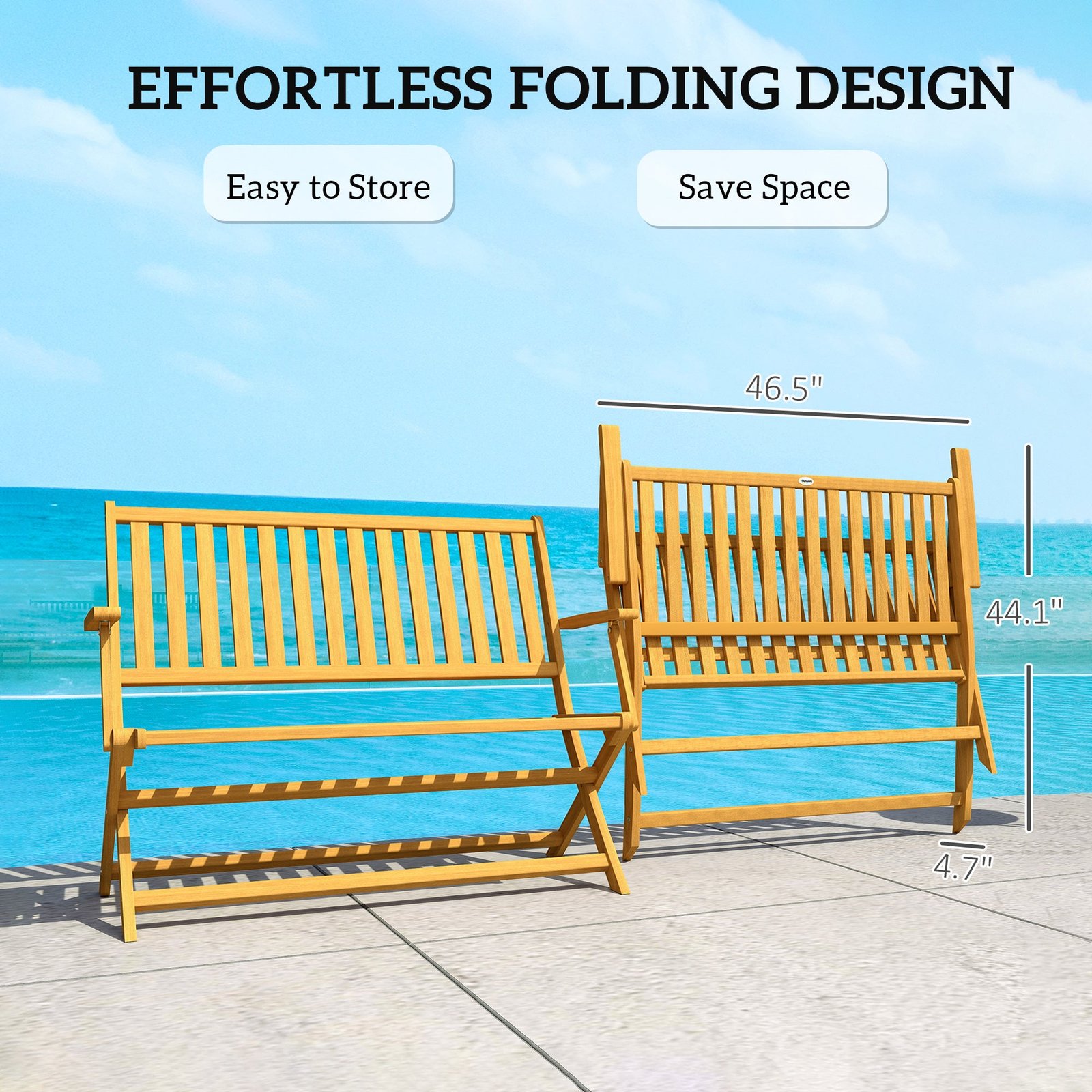 2-Person Foldable Wood Outdoor Bench with Backrest and Armrests for Garden, Porch, Park, Balcony, Teak - Image 5