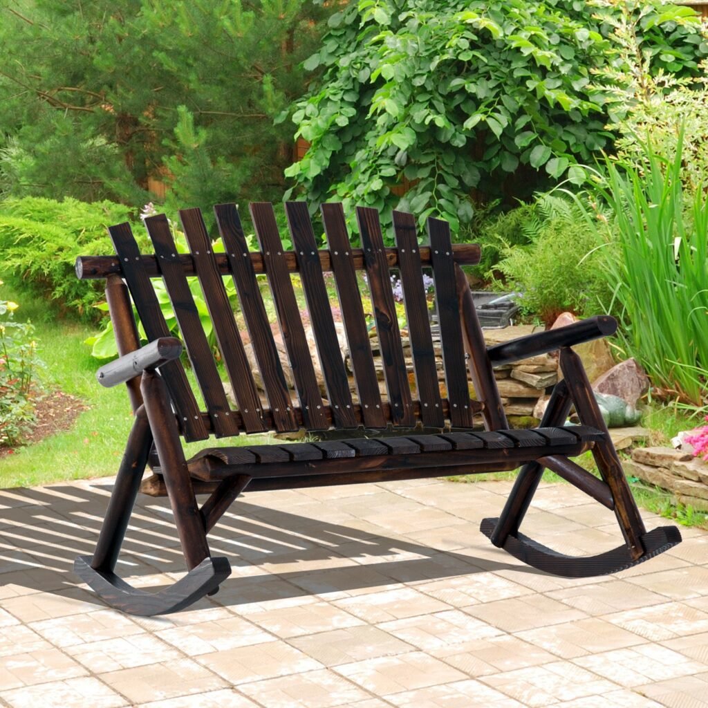 Wooden Double Rocking Bench Rustic Log Style Outdoor Rocker