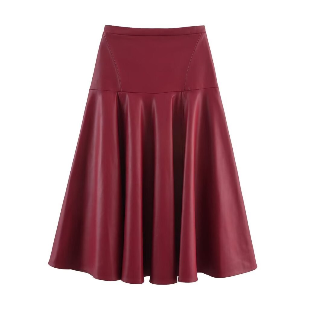 Red High-Waist Flared Faux Leather Midi Skirt