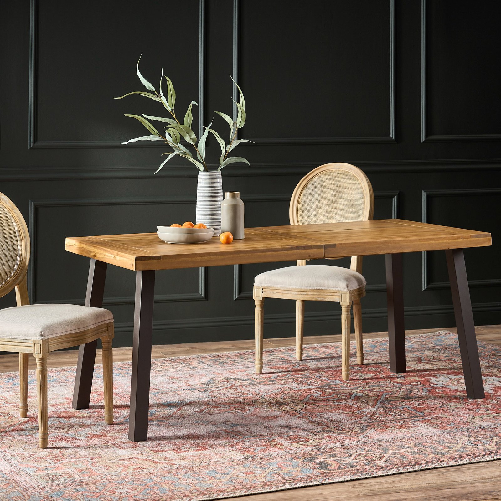 Acacia Wood Dining Table With Slatted Top And Dark Metal Legs - Image 4