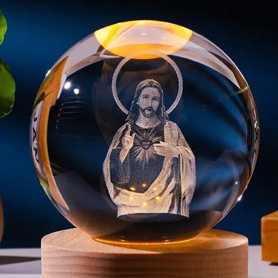 3D Engraved Jesus Crystal Ball Lamp With Wooden Base - Image 3