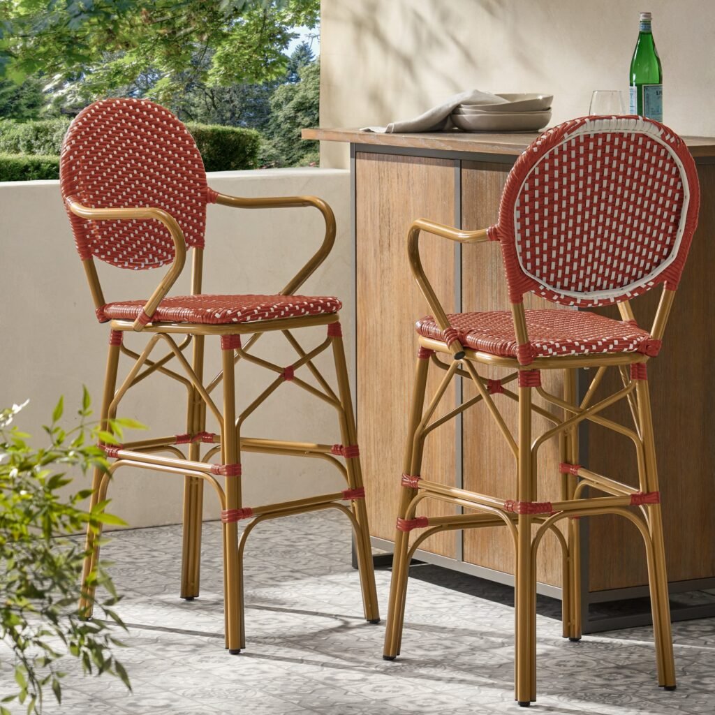 Outdoor Barstools Set of 2 – Wicker & Aluminum, Red Bamboo Finish