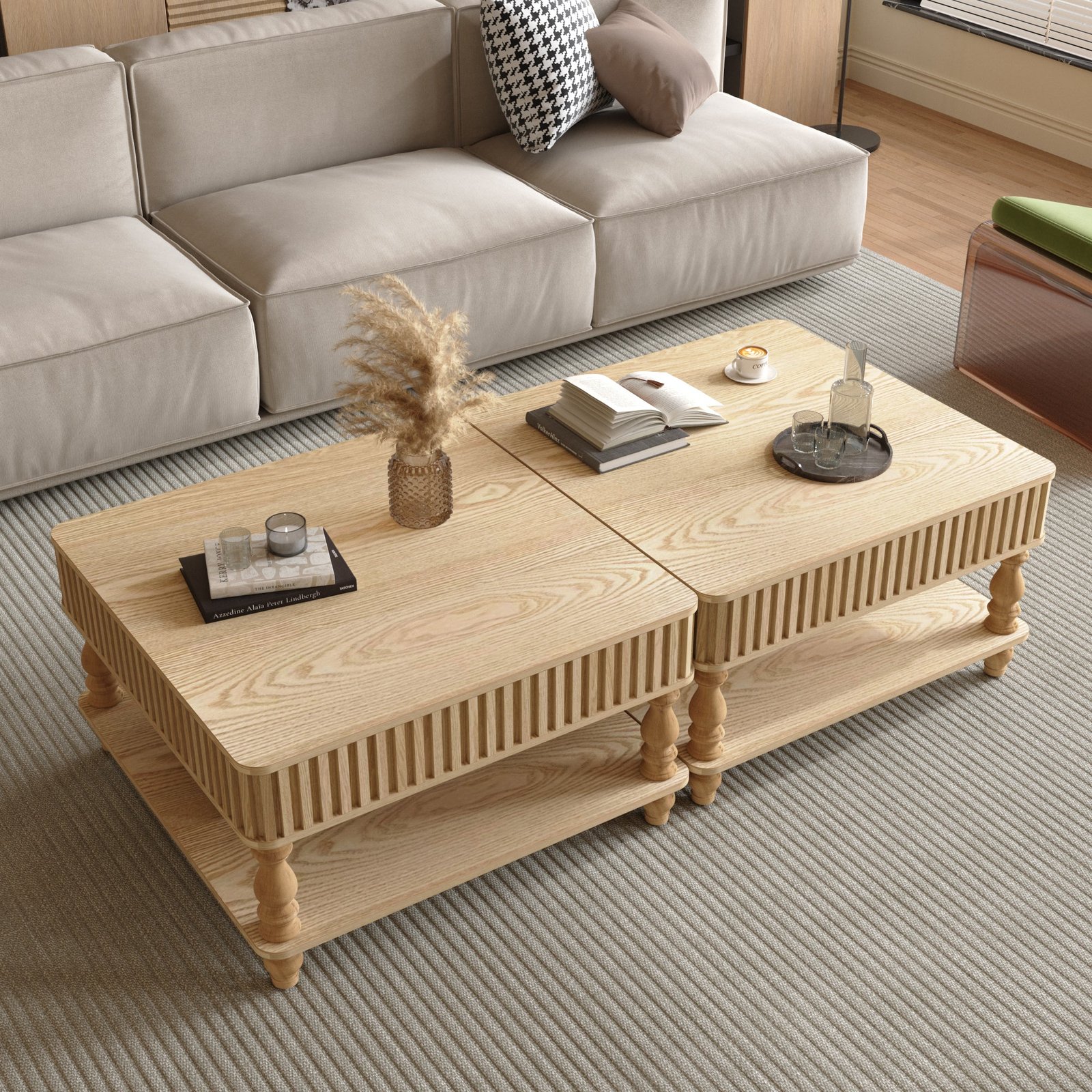 31.5 Inch Square Fluted Lift-Top Coffee Table With Hidden & Open Storage, Hydraulic Raising Mechanism, Retro Solid Wood Legs For Living Room, Sofa Natural Wood - Image 3