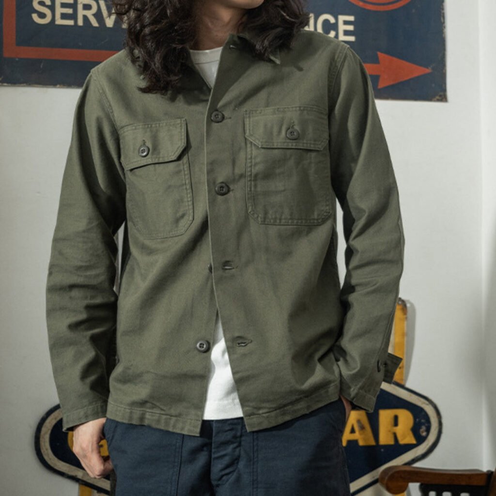 Olive Green Cotton Satin Work Clothes Shirt Men