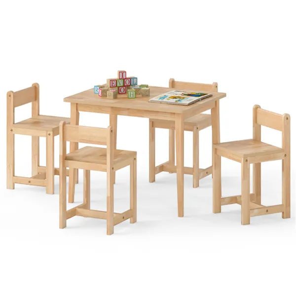 Kids Wooden Table And Chairs Set (1 Table + 4 Chairs), Rubber Wood Toddler Activity Set (Natural)