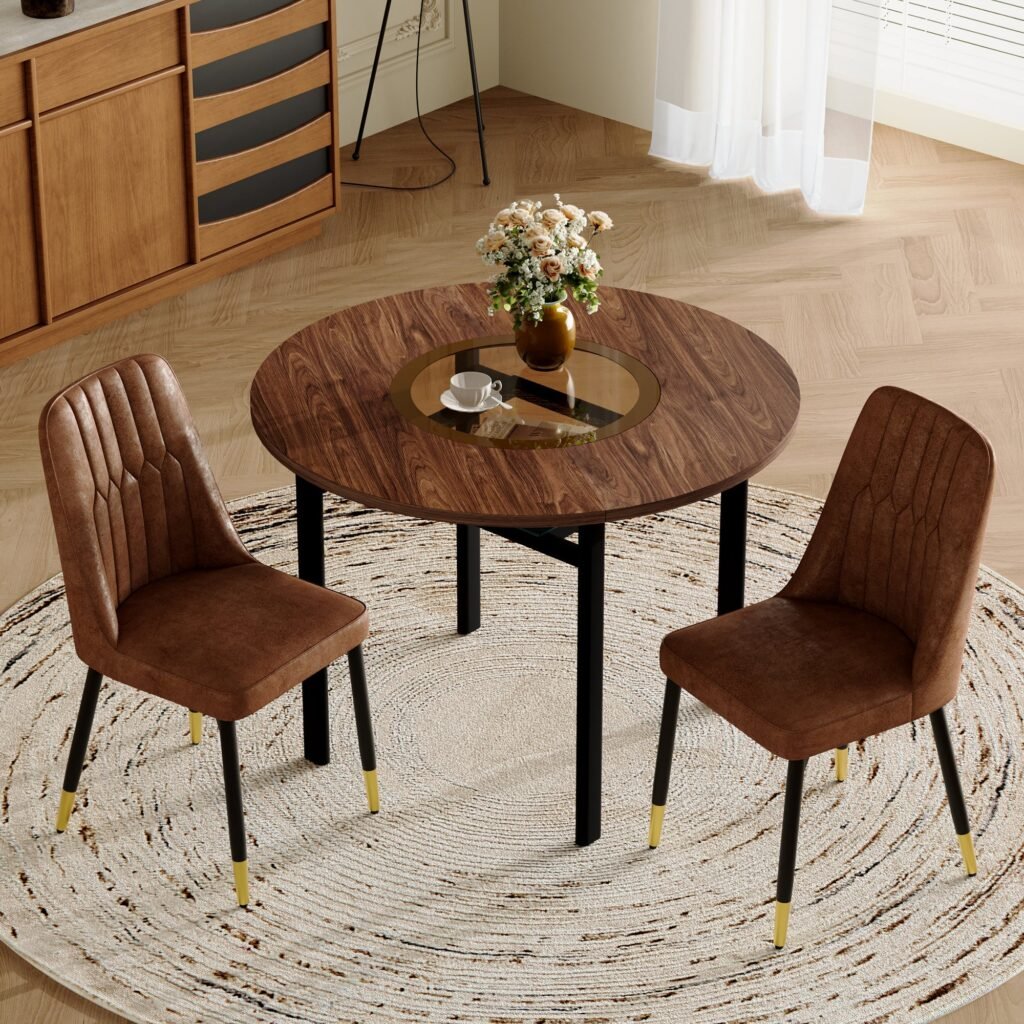 Modern Round Dining Table Set with 2 Brown Fabric Armchairs