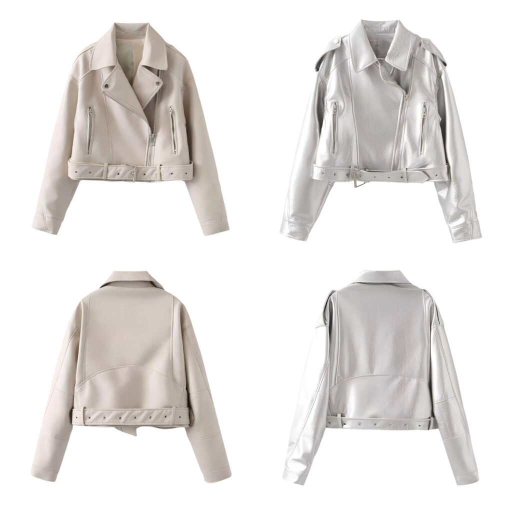 Ivory Cropped Faux Leather Moto Jacket With Belted Hem