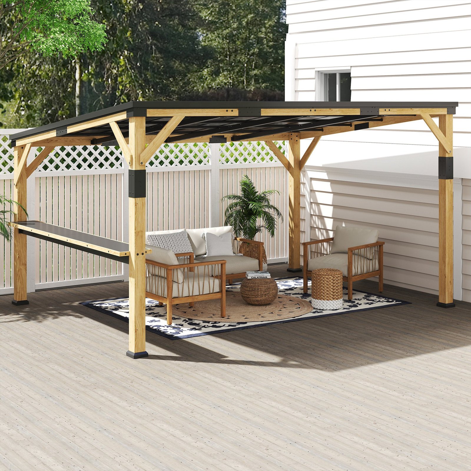 10 X 14 Ft Wooden Lean-To Gazebo Pergola With Hardtop Metal Roof - Image 8