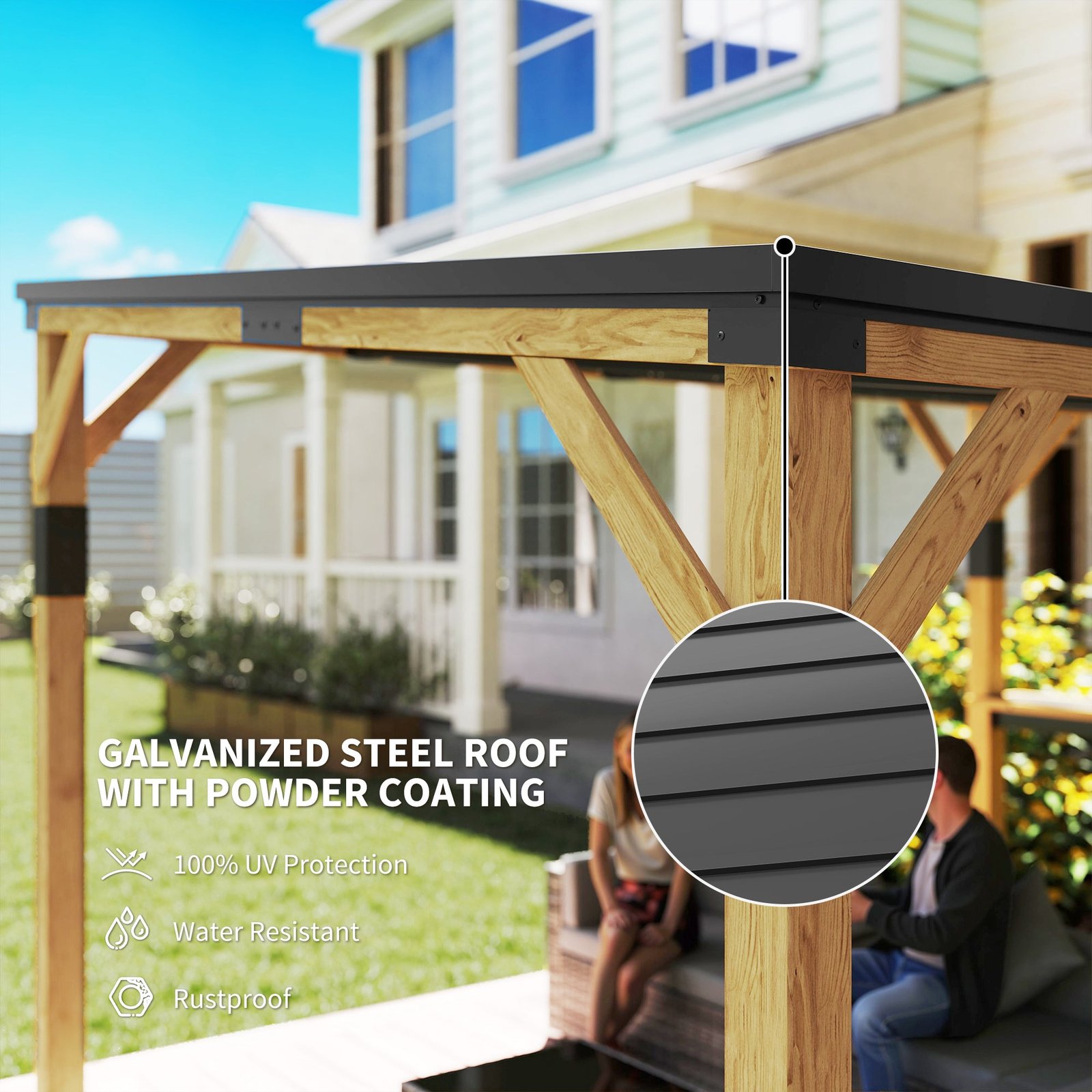 10 X 14 Ft Wooden Lean-To Gazebo Pergola With Hardtop Metal Roof - Image 3