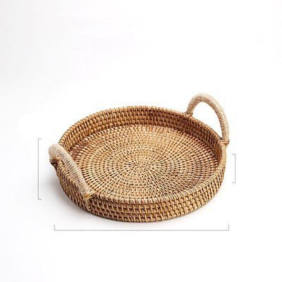 Handwoven Rattan Storage Tray With Wooden Handle Round Wicker Basket - Image 3