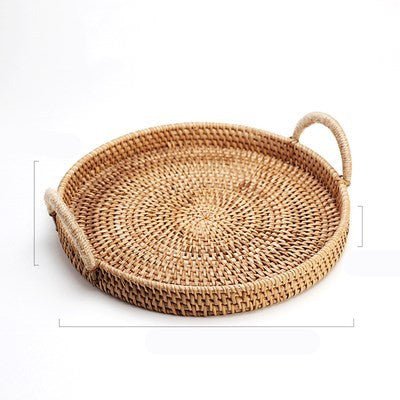 Handwoven Rattan Storage Tray With Wooden Handle Round Wicker Basket - Image 2