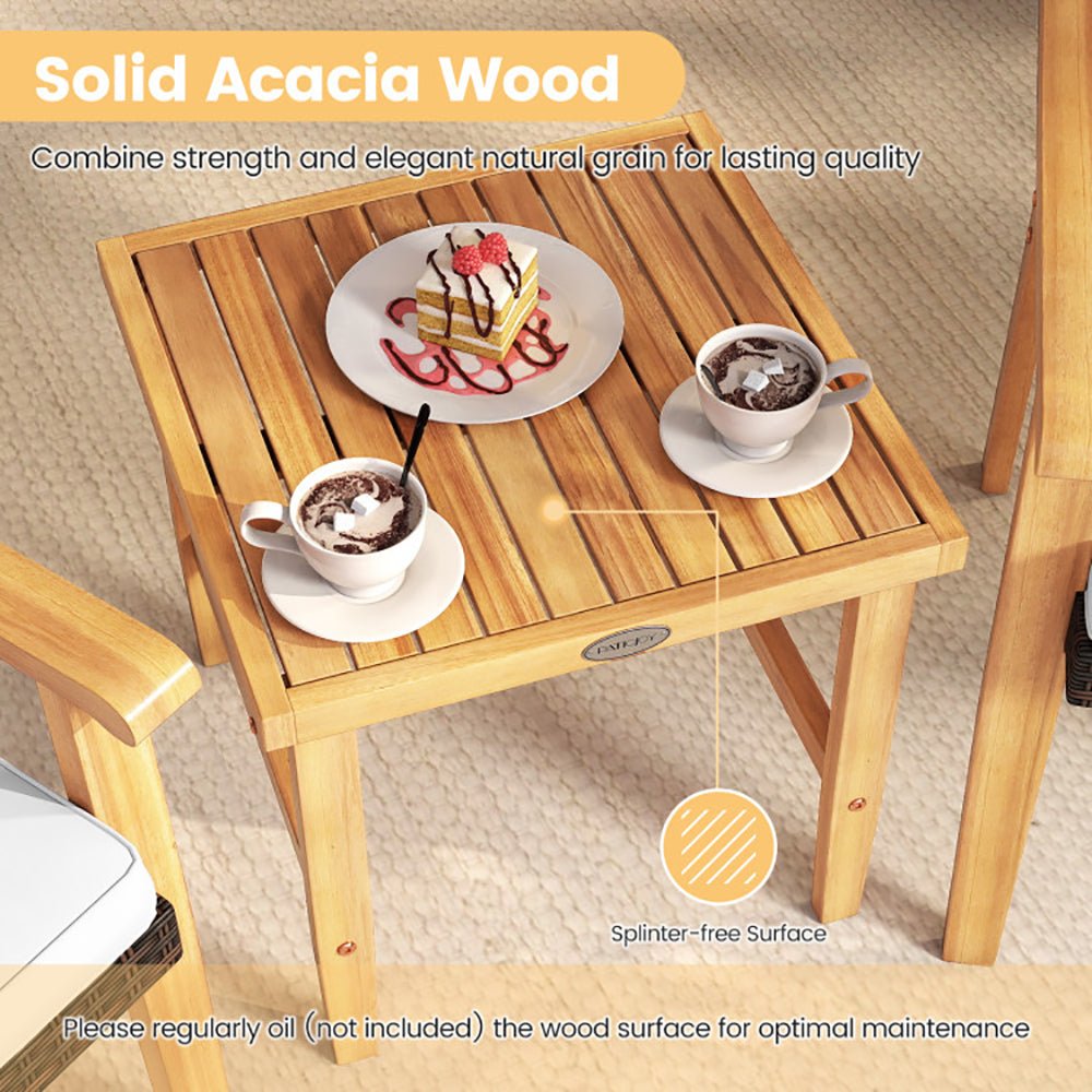 3 Pieces Patio PE Wicker Furniture Set Acacia Wood Outdoor Conversation Bistro Set - Image 8