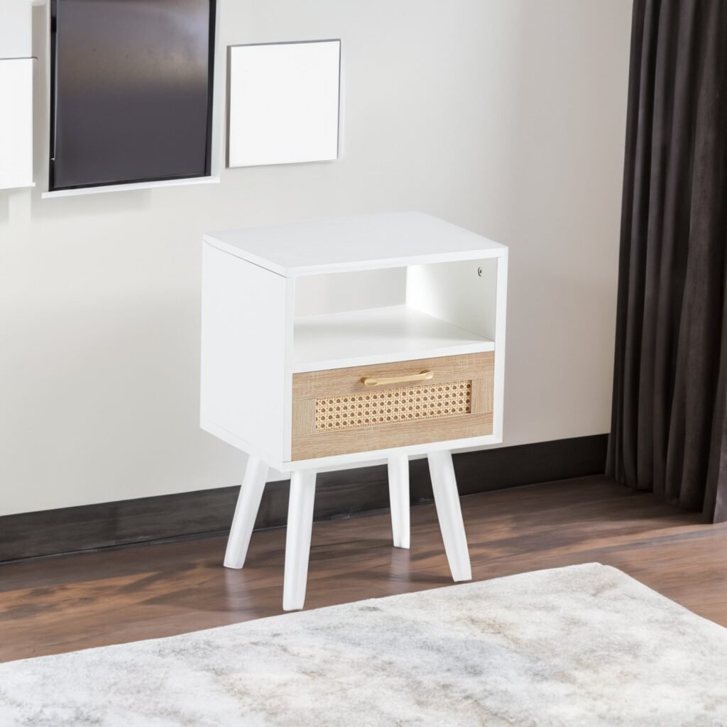 White Nightstand with Rattan Cane Drawer and Gold Handle