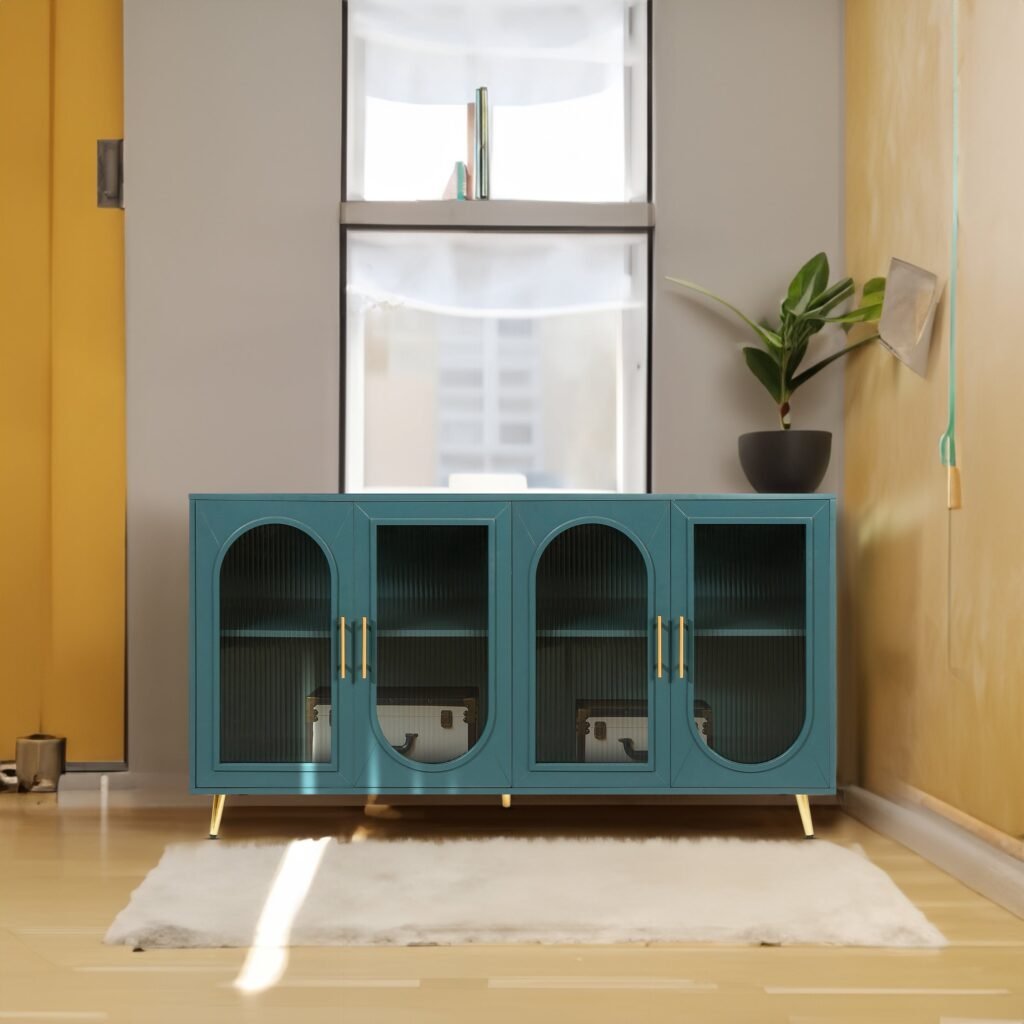 Antique Blue TV Console With Glass Doors