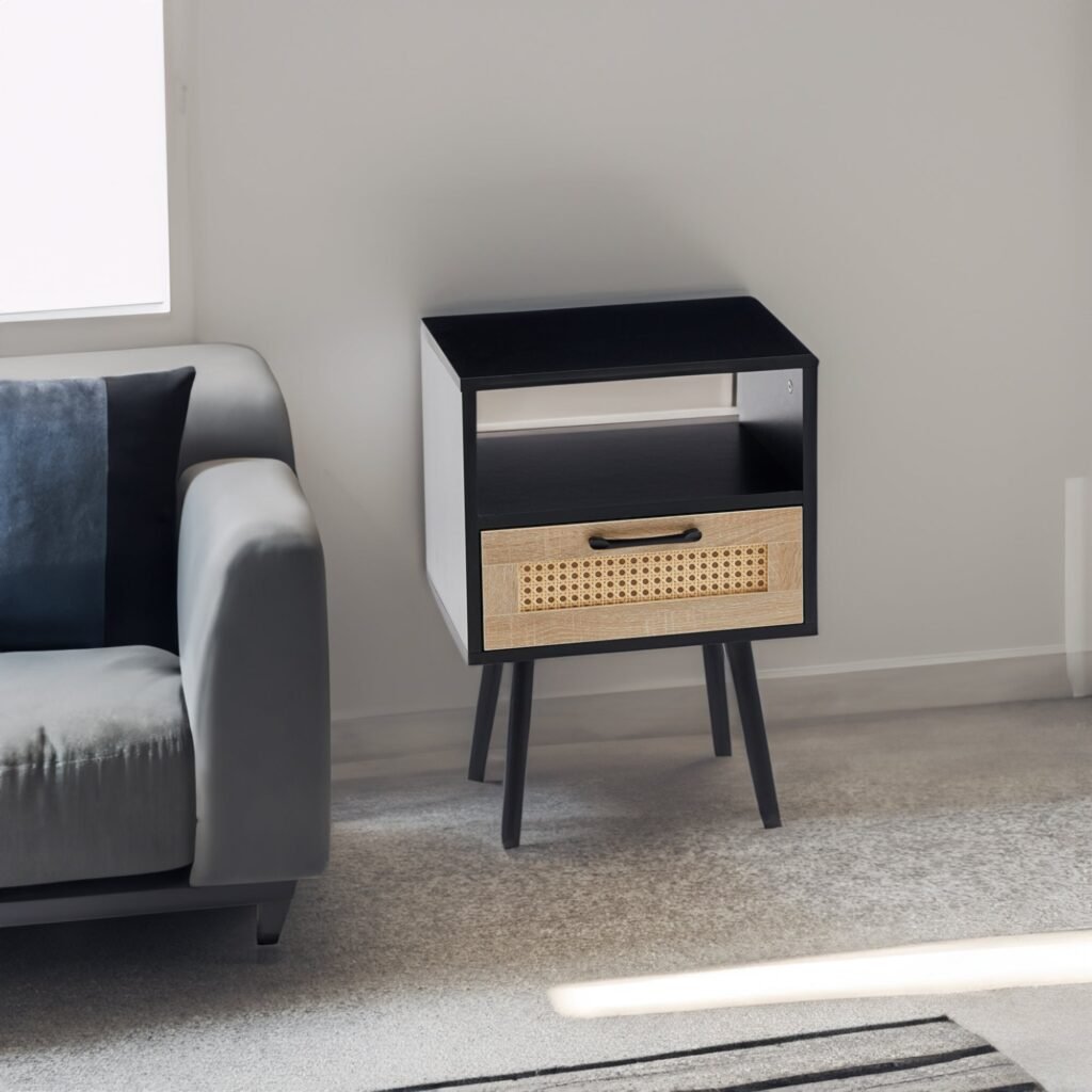 Black Nightstand with Rattan Cane Drawer and Open Shelf