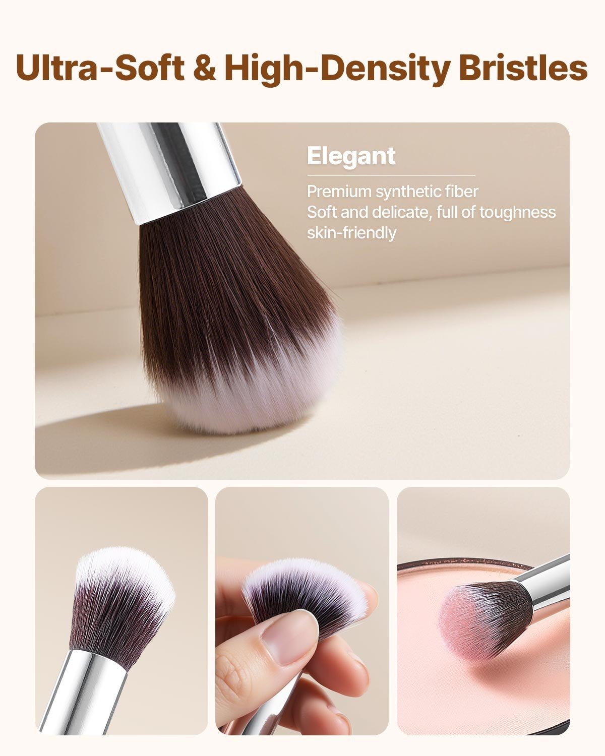 15-Piece Makeup Brush Set For Foundation Blending Eyeshadow, Professional Vegan Brushes With Soft Synthetic Bristles, Ergonomic Wood Handle & Aluminum Ferrule, Portable And Travel-Friendly - Image 3
