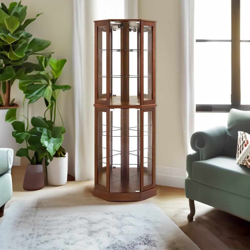 Corner Curio Display Cabinet With 6 Glass Shelves Light And Mirror