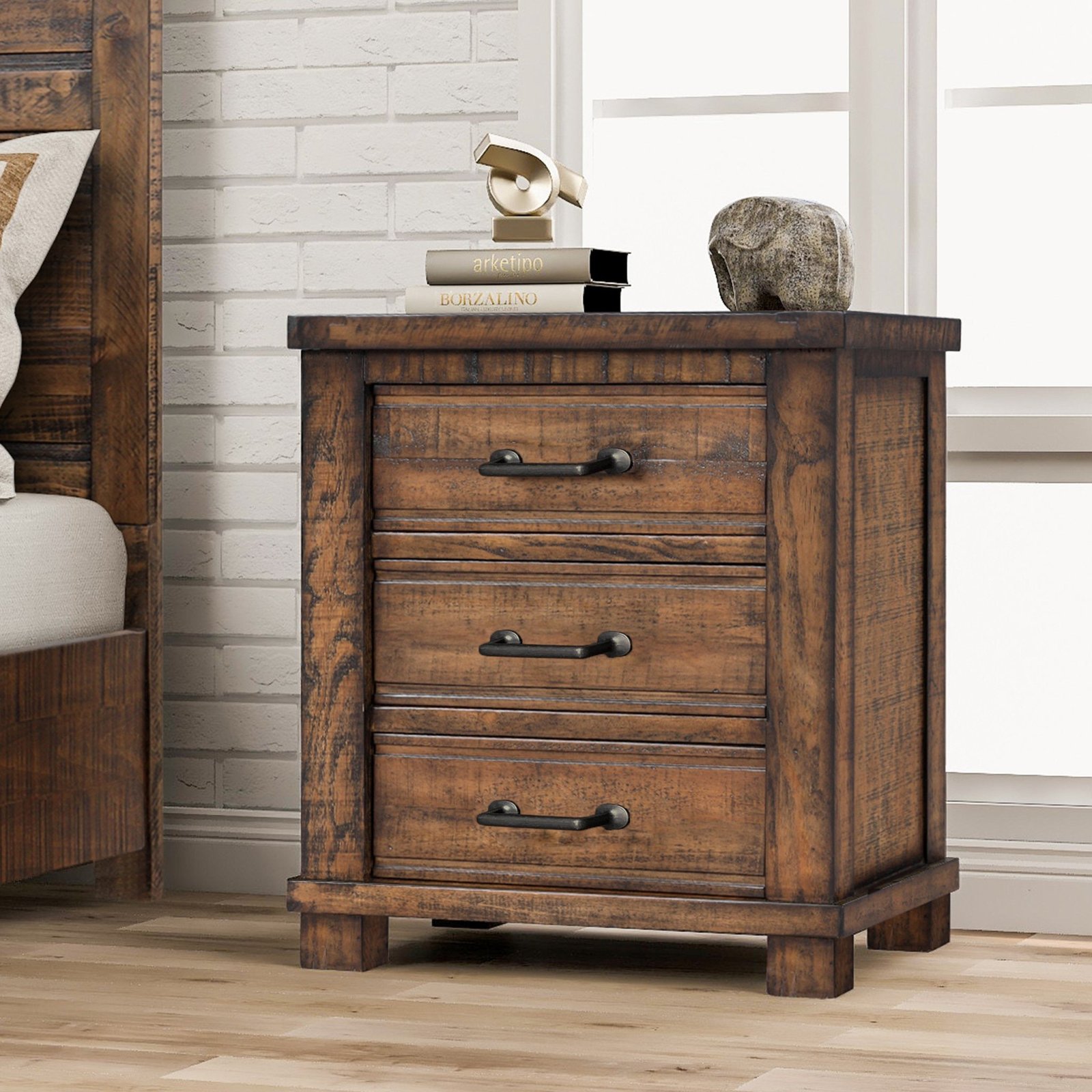Rustic 3 Drawer Wood Nightstand With Metal Handles - Image 5