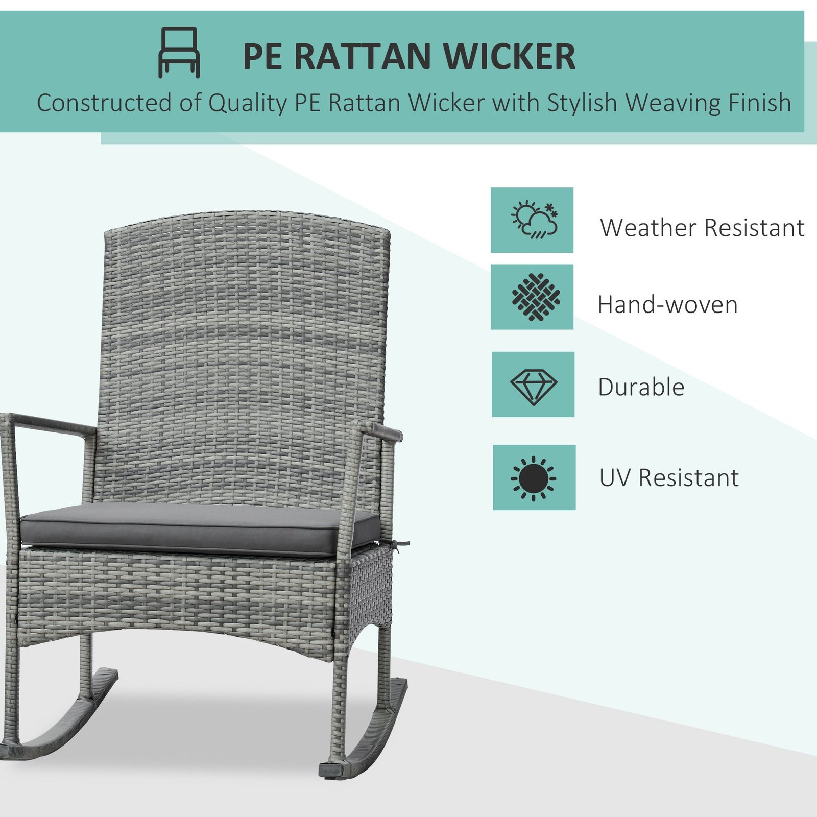 3 Piece Outdoor PE Rattan Rocking Chair Set, Patio Wicker Recliner Rocker Chair with Soft Cushion & Nature Wood Top Coffee Table, Gray - Image 3