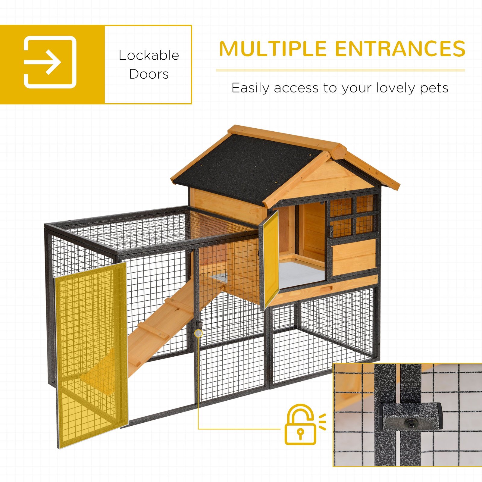 Outdoor Rabbit Cage Elevated Pet House w/ Slide-Out Tray, Natural Wood & Black - Image 5