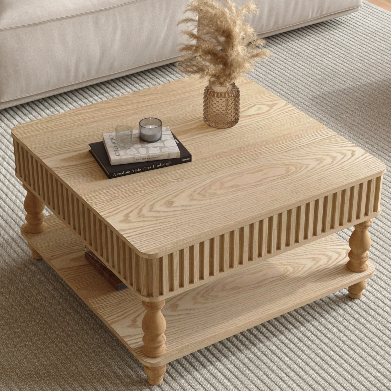 31.5 Inch Square Fluted Lift-Top Coffee Table With Hidden & Open Storage, Hydraulic Raising Mechanism, Retro Solid Wood Legs For Living Room, Sofa Natural Wood - Image 5