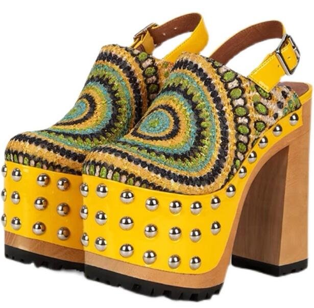 Yellow Platform Clogs with Studs, Bohemian Woven Sandals