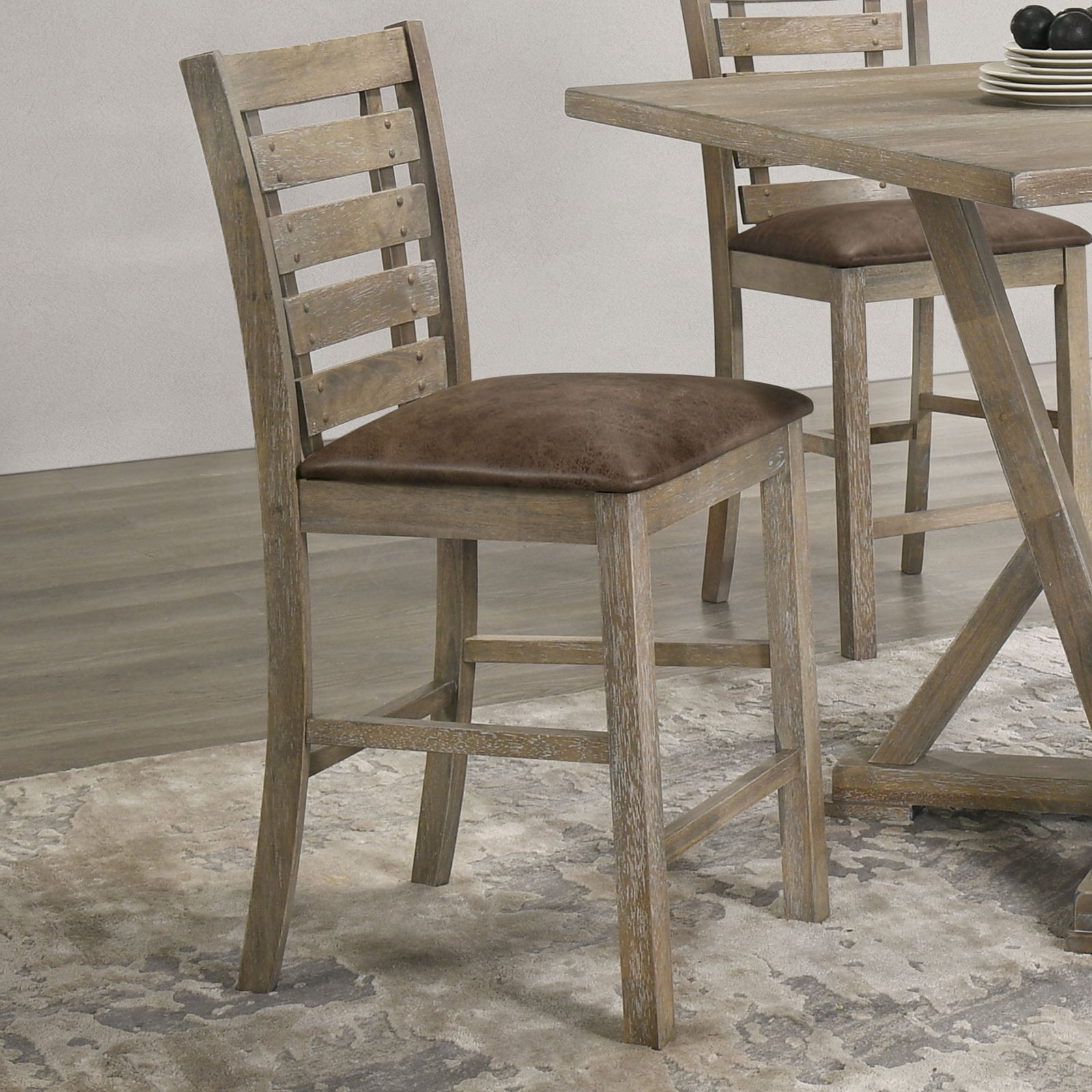 Set Of 2 Counter Height Dining Chairs Rustic Distressed Wood - Image 5