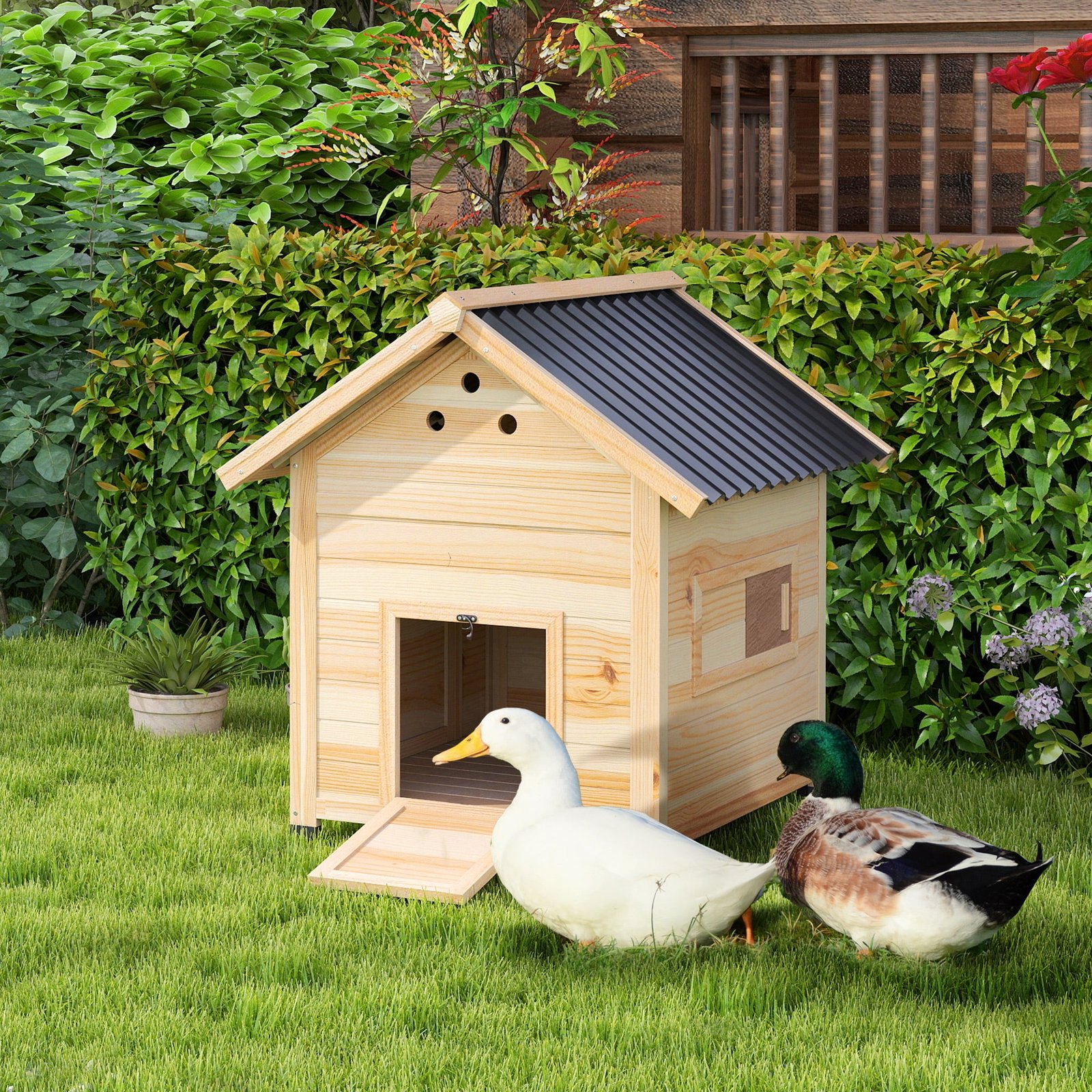 Duck Coop, Wooden Duck House with Openable Roof & Double Doors, Natural Wood - Image 6