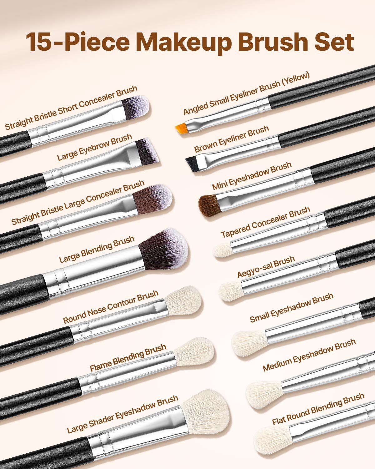 15-Piece Makeup Brush Set For Foundation Blending Eyeshadow, Professional Vegan Brushes With Soft Synthetic Bristles, Ergonomic Wood Handle & Aluminum Ferrule, Portable And Travel-Friendly - Image 4