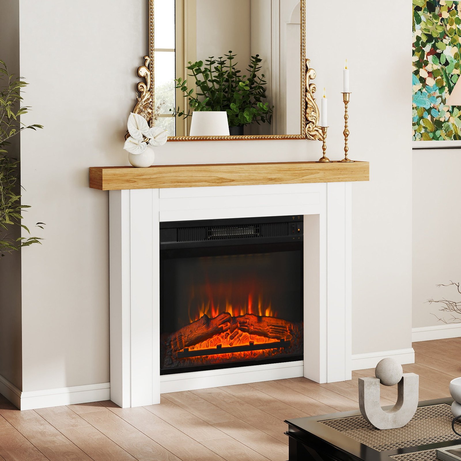 Modern Fireplace Mantel, Freestanding Fireplace Surround with Leg for Electric Fireplaces, 51.2" W x 40.6" H, Natural Wood - Image 6