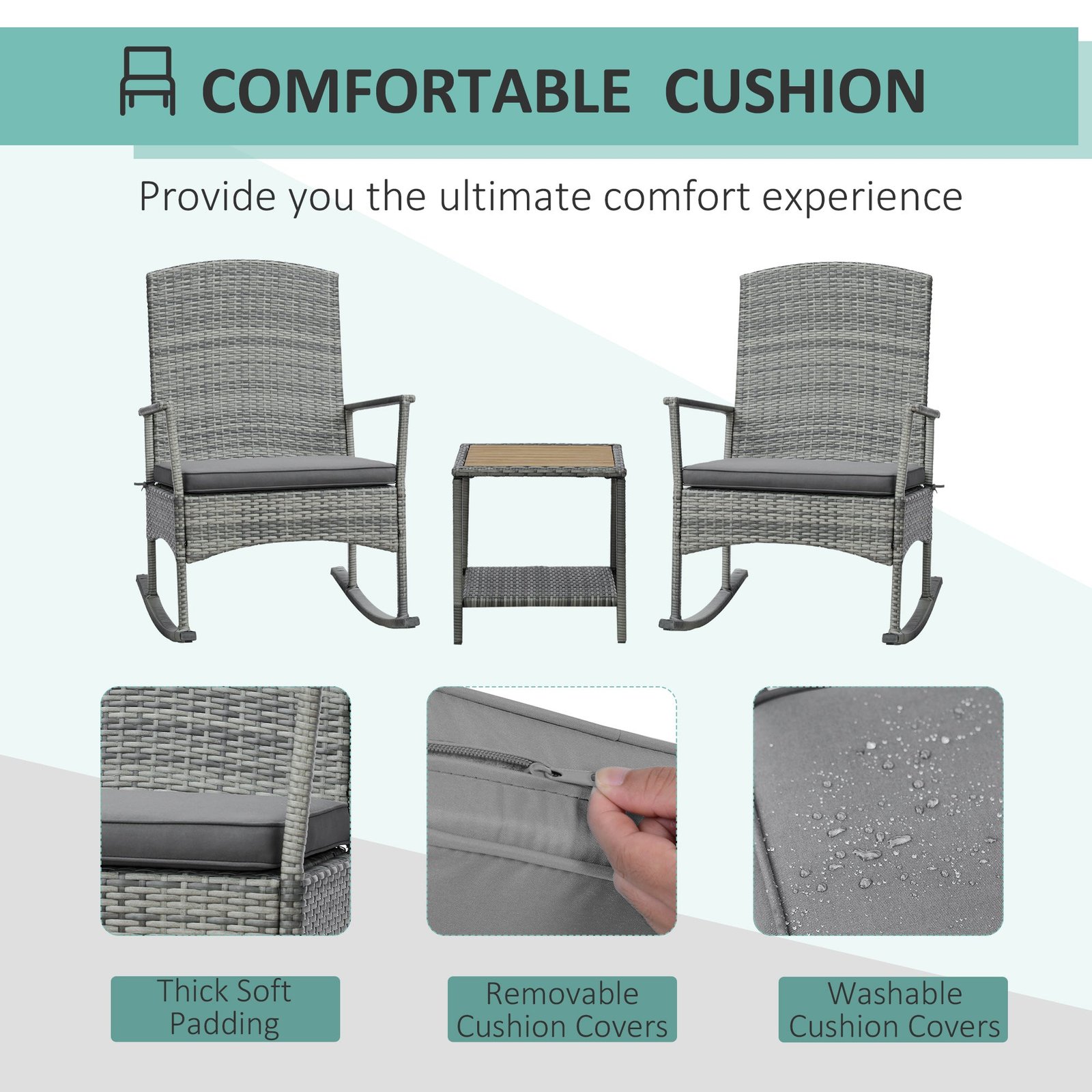 3 Piece Outdoor PE Rattan Rocking Chair Set, Patio Wicker Recliner Rocker Chair with Soft Cushion & Nature Wood Top Coffee Table, Gray - Image 4