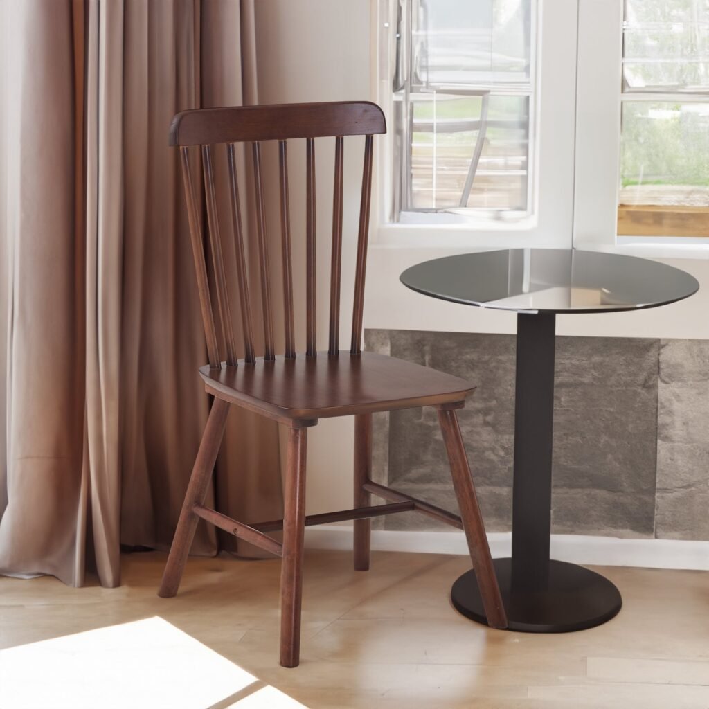 Set of 4 Walnut Wood Spindle Back Dining Chairs
