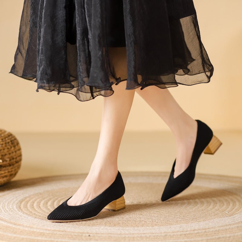 Wood Grain Thick Heel Pointed Breathable Casual Pumps - Image 5