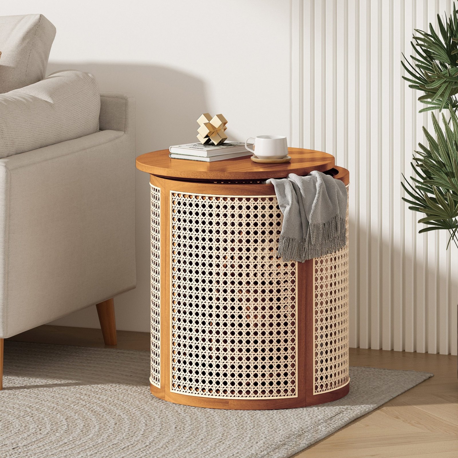 15.70 Round End Table, Hollow Woven Side Table, Small Rubber Wood Nightstand, Rattan Woven Tea Desk, Round Wood Tabletop, Chic Home Decor Desk, Easy Assembly, Ochre Color