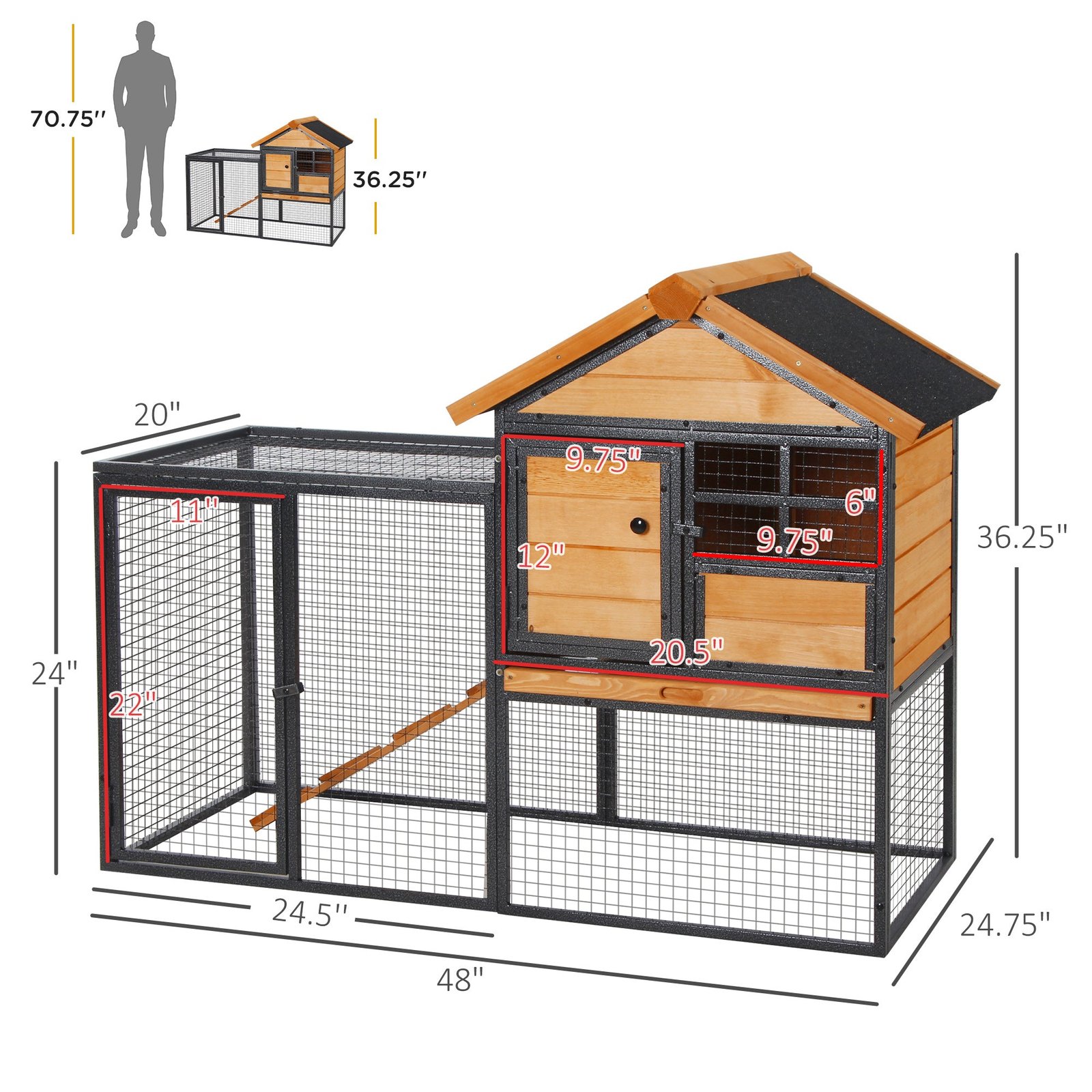 Outdoor Rabbit Cage Elevated Pet House w/ Slide-Out Tray, Natural Wood & Black - Image 4