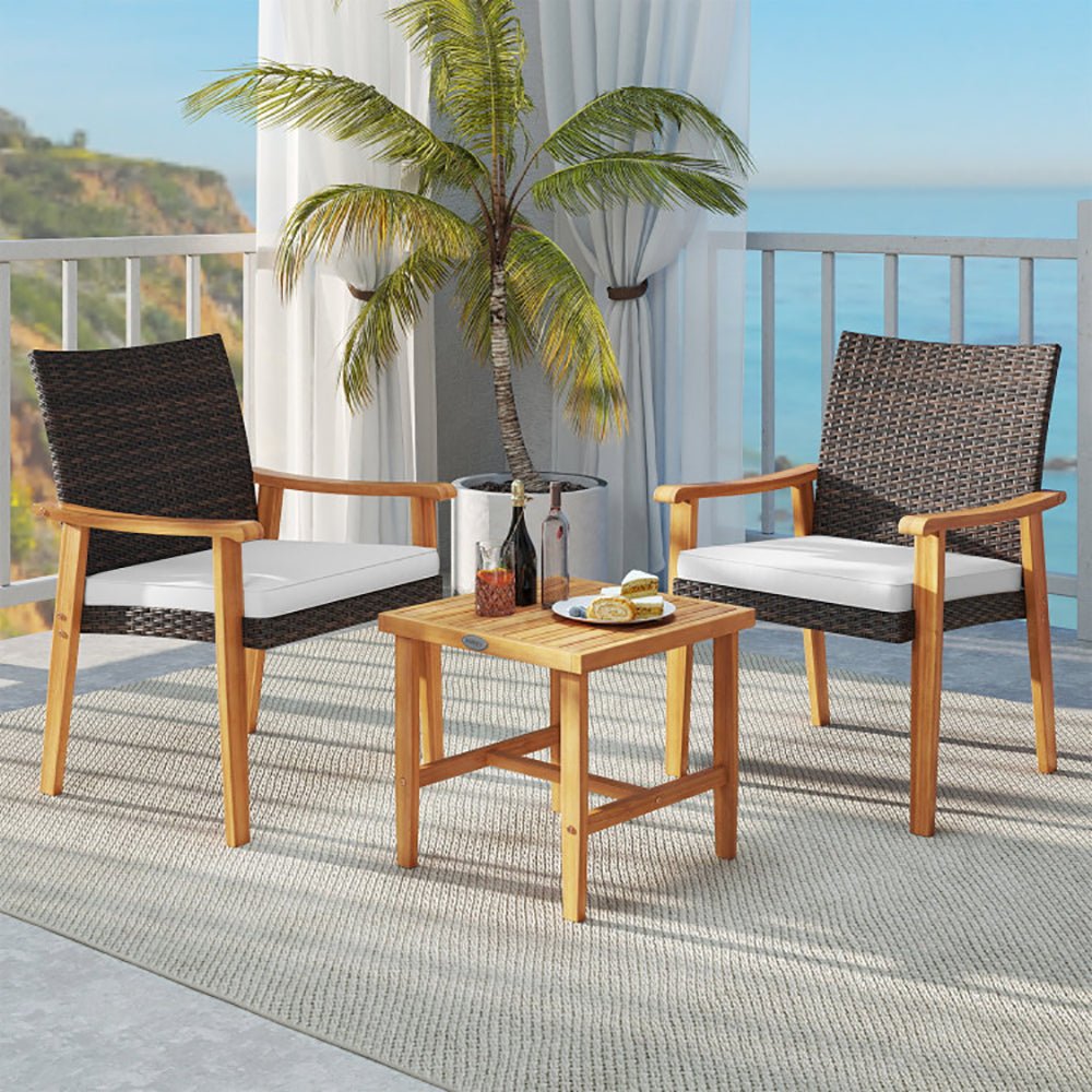 3 Pieces Patio PE Wicker Furniture Set Acacia Wood Outdoor Conversation Bistro Set - Image 10