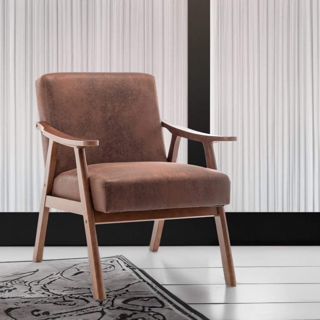 Mid-Century Accent Chair Brown Faux Leather Wood Frame
