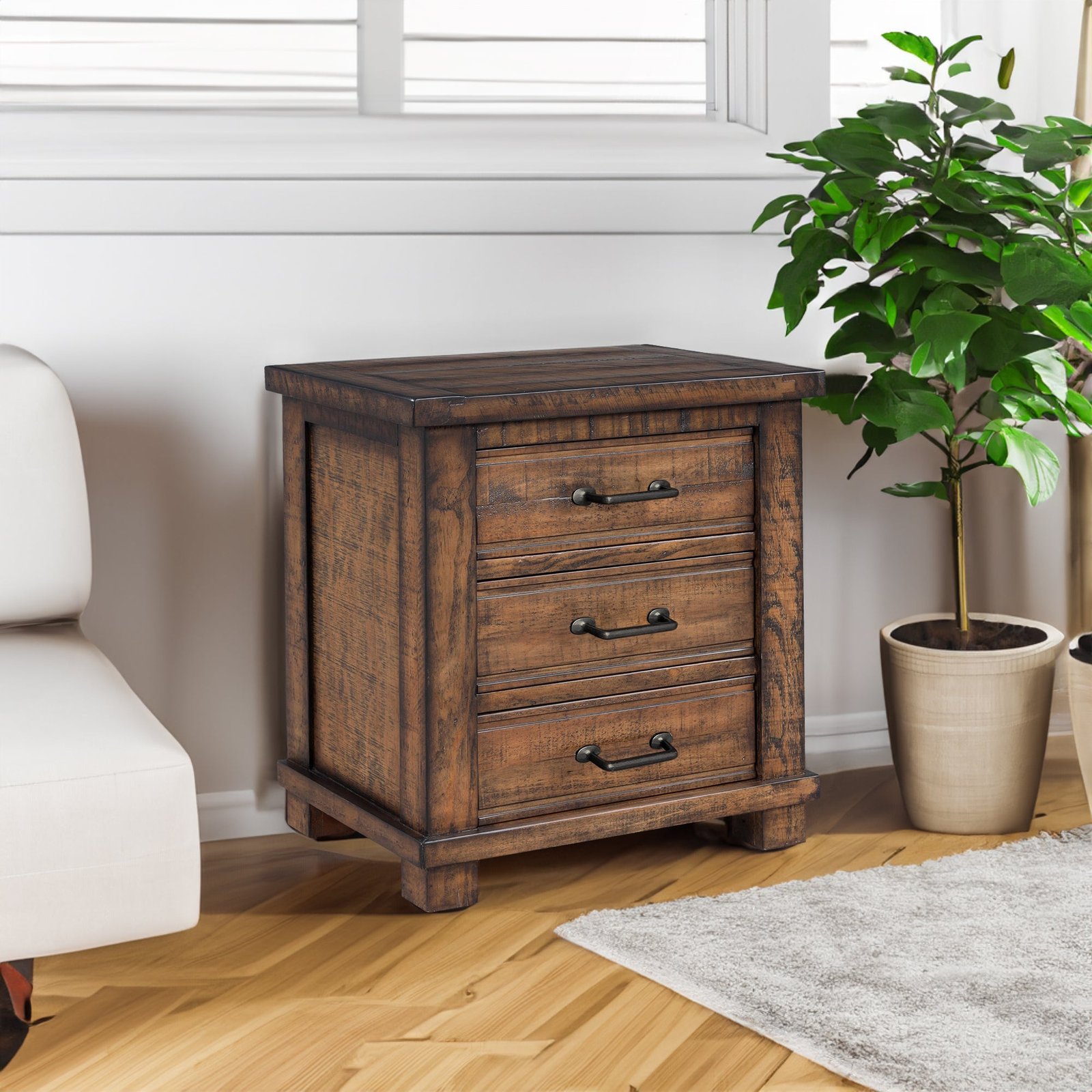 Rustic 3 Drawer Wood Nightstand With Metal Handles
