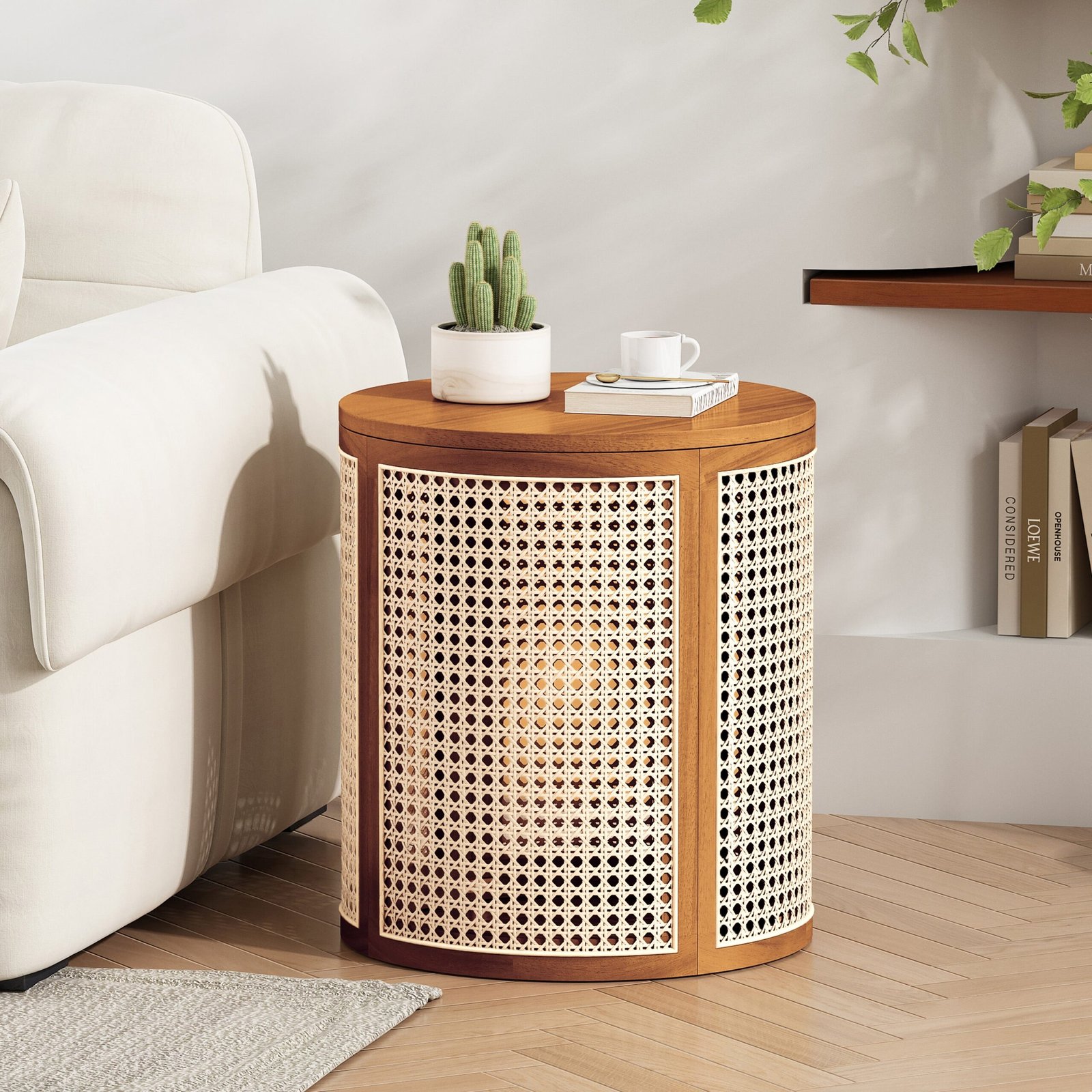 15.70 Round End Table, Hollow Woven Side Table, Small Rubber Wood Nightstand, Rattan Woven Tea Desk, Round Wood Tabletop, Chic Home Decor Desk, Easy Assembly, Ochre Color - Image 2