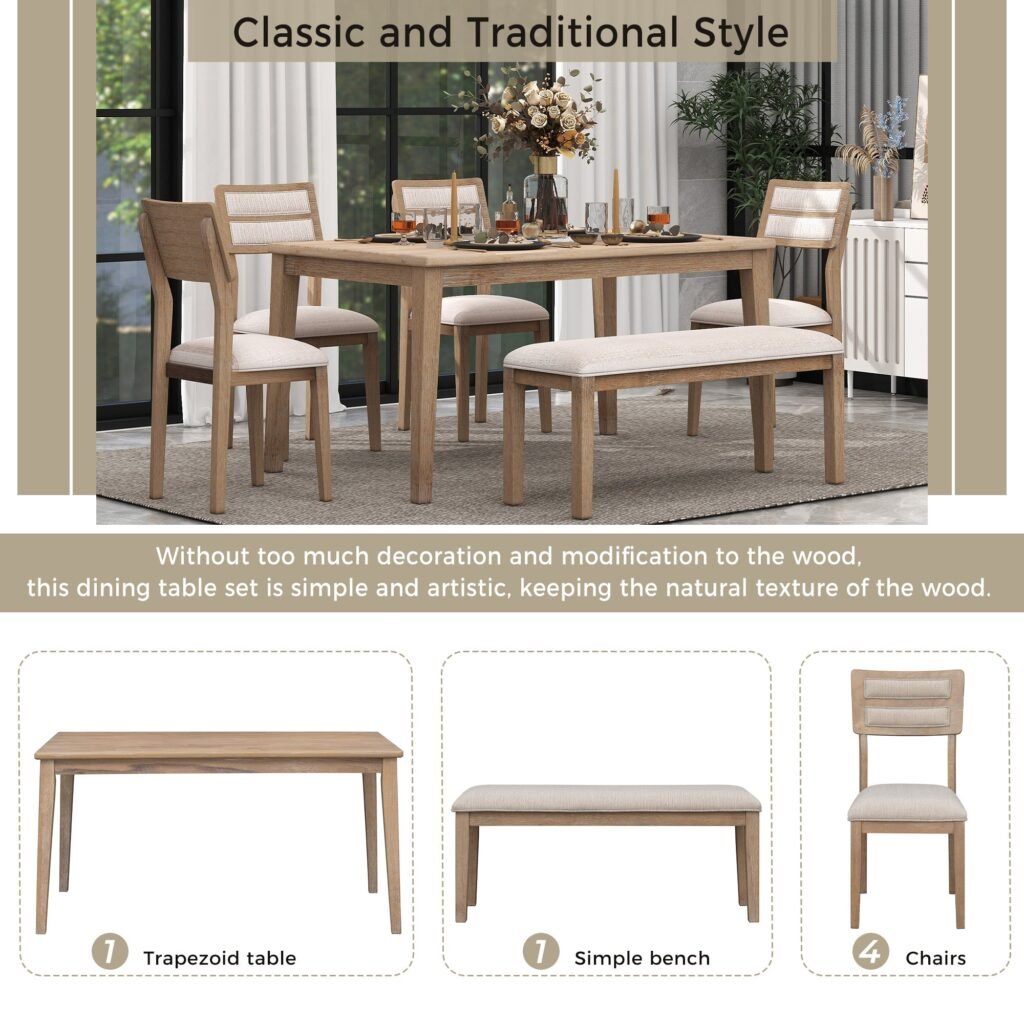 TREXM Classic and Traditional Style 6 - Piece Dining Set, Includes Dining Table, 4 Upholstered Chairs & Bench (Natural Wood Wash）